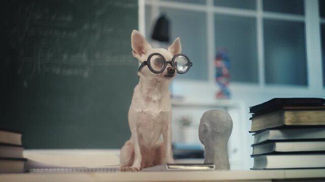 Cute Chihuahua dog in funny eyeglasses sitting at school desk, pet scientist