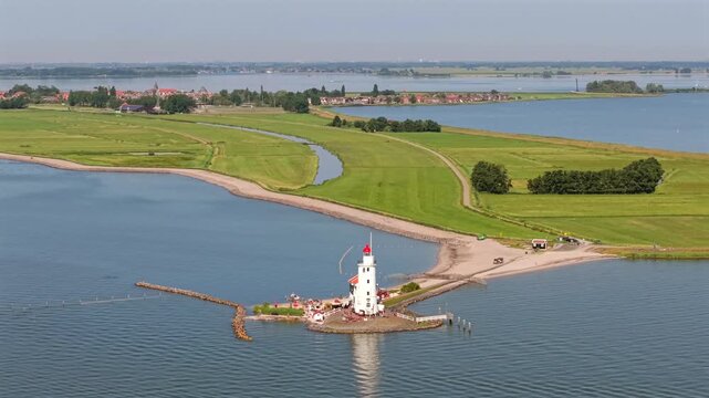 Aerial view of Marken peninsula and Paard van Marken lighthouse
