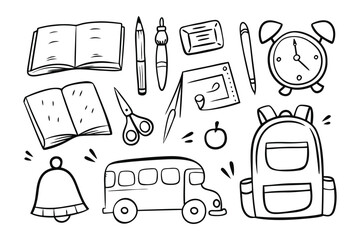 School Essentials Illustration: An artistic collection of hand-drawn school supplies and elements, including a backpack, books, pens, and the iconic school bus, perfect for educational themes. 
