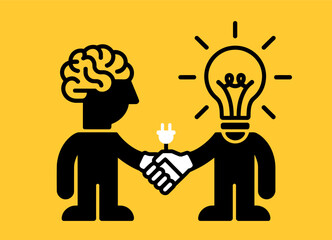 This design, suitable for apparel or posters, depicts two figures shaking hands, one with a brain and the other with a lightbulb head.