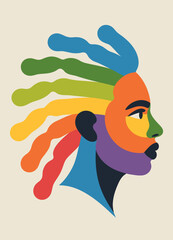 This design, suitable for apparel or posters, is an abstract, colorful illustration of a person's profile with flowing hair.