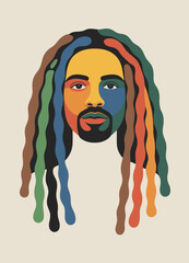 This design, suitable for apparel or posters, is a colorful, abstract illustration of a man with dreadlocks.