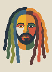 This design, suitable for apparel or posters, is a colorful, abstract illustration of a man with dreadlocks.