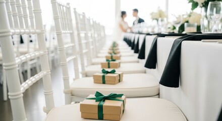 Wedding reception chairs are set with small gift boxes tied with green ribbon, awaiting guests