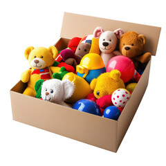 A cardboard box overflowing with cuddly teddy bears and diverse childhood toys representing fun and play