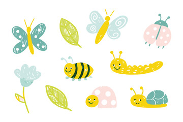 Whimsical Insect Collection: Playful illustrated set of insects, including butterflies, beetles, a caterpillar, a bee, a flower, and a snail, rendered in a charming hand-drawn style.