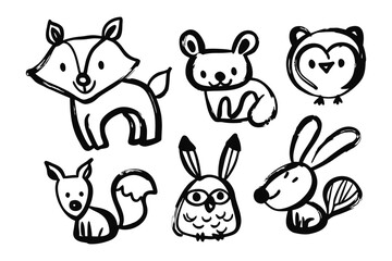 Obraz premium Whimsical Wildlife Doodle Collection: A collection of charming hand-drawn animal illustrations, each exuding a playful, lighthearted aesthetic