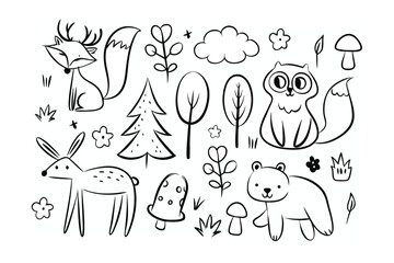 Forest Creatures Illustration: A charming collection of hand-drawn forest creatures and elements come together to form an enchanting nature scene.