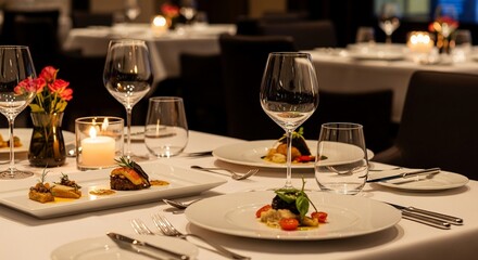 Elegantly set dining table with gourmet food, wine glasses, and candlelight, creating a sophisticated ambiance for a special occasion.