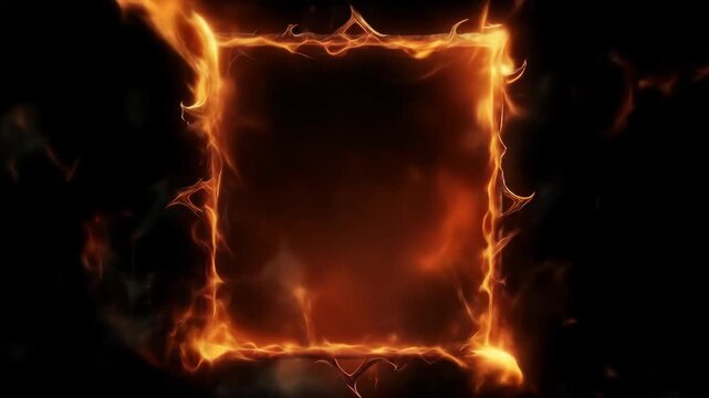 Burning fire frame on a dark background. Abstract border of flame and glowing sparks. Energy and magic loop.