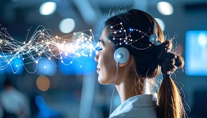 Woman Wearing Headset with Abstract Data Connection Visualization