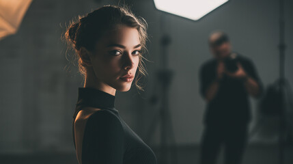 Fashion model posing during a professional photoshoot in a studio with softboxes and photographer