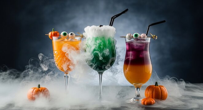 Three spooky Halloween cocktails adorned with candy eyes and garnishes, surrounded by atmospheric smoke and miniature pumpkins, evoking a festive and eerie celebration.