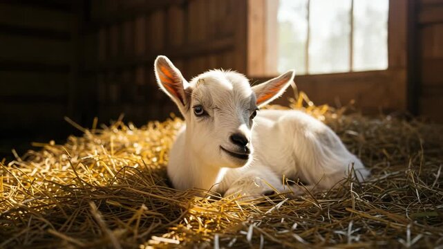 Sleeping White Baby Goat Lying on Golden Hay in Wooden Barn Interior with Natural Light Streaming from Window for Adorable Farm Animal Portrait