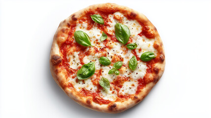 Traditional margherita pizza displaying melted mozzarella, vibrant tomato sauce, and verdant basil leaves resting on crisp golden dough against pristine surface