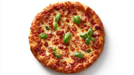 Margherita pizza featuring golden-melted mozzarella, vibrant tomato sauce, and aromatic basil leaves resting on crisp, wood-fired crust