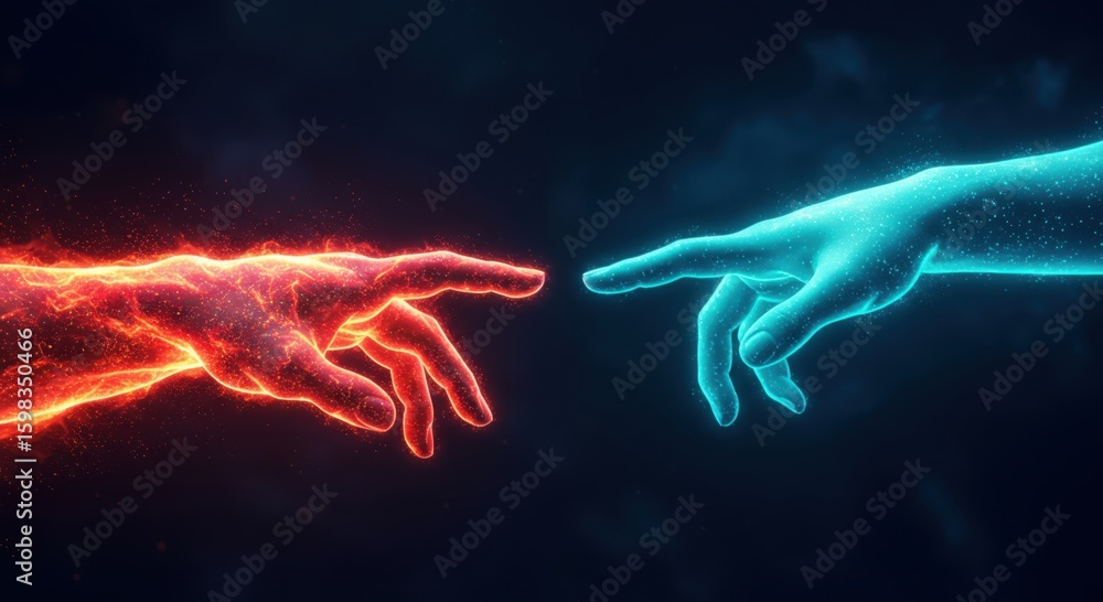 Poster two hands reaching towards each other symbolizing creation and connection with fiery and electric en