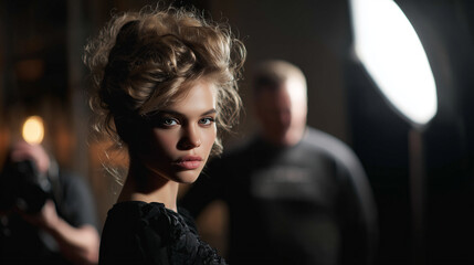Fashion model with contemporary hairstyle posing in a studio setting, dramatic lighting highlighting her features, photographers working in the background