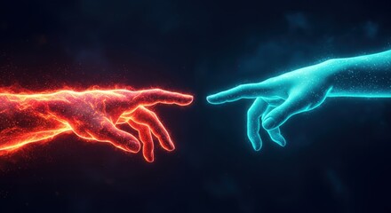 Two hands reaching towards each other symbolizing creation and connection with fiery and electric energy
