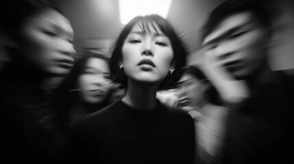 Urban portrait capturing young Asian woman stationary amid blurred, fast-moving crowd, contrasting stillness with dynamic motion