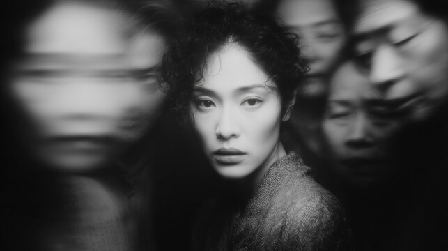 Black and white portrait of an asian woman emerging from blurred faces, creating a dramatic and mysterious atmosphere