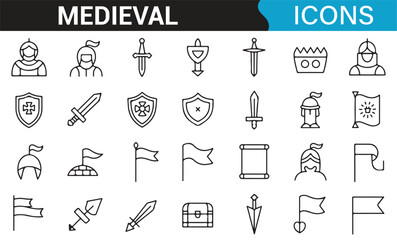 Medieval symbols including castles, weapons, flags, and banners