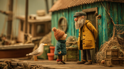 Weathered fisherman sharing maritime wisdom with young listener beside wooden dock, vintage stop-motion aesthetic capturing nostalgic seaside interaction