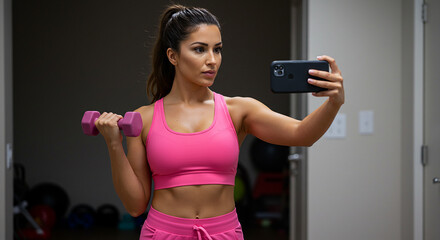 Fitness Influencer in Pink Activewear Takes a Selfie with Dumbbell