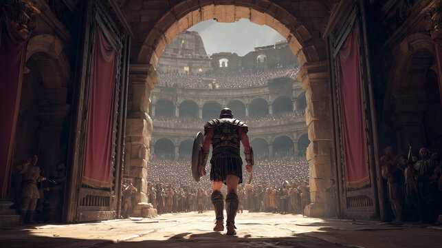 Roman gladiator striding confidently through packed Colosseum, muscular figure preparing for epic battle amid roaring spectators