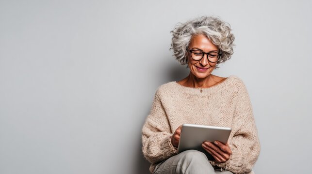 An elderly woman with gray hair and glasses sits comfortably, happily using a digital tablet for browsing or reading.