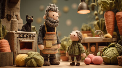 Farmer and a child stand in a whimsical stop-motion kitchen, surrounded by vegetables and a curious black cat