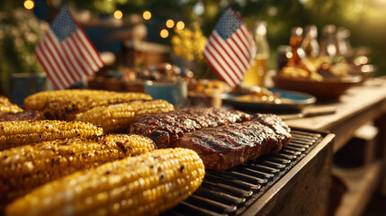 Barbecue grill sizzling with grilled corn and meat, surrounded by patriotic american flags during summer holiday festivities