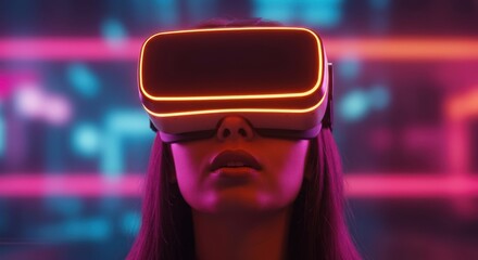Immersive virtual reality experience person wearing futuristic headset with neon lights and digital background