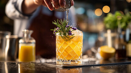 Bartender preparing a delicious cocktail with ice, rosemary and lavender flowers in a crystal glass
