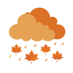  Vector illustration of an autumn cloud with falling maple leaves, warm orange tones, minimal style