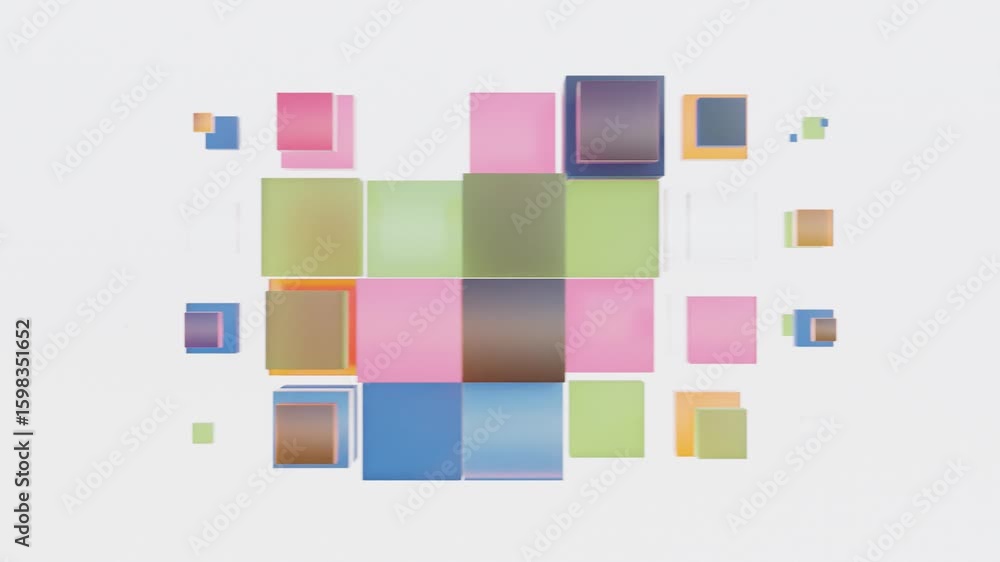 Poster colorful cubes, some transparent, smoothly changing size within a strict 3d grid layout on a white b