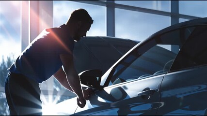 Man preparing a car for delivery in a bright auto dealership during the afternoon