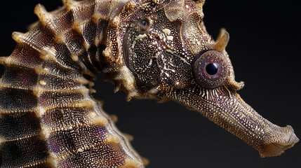 Male seahorse displaying delicate marine anatomy, revealing textured skin patterns in sharp underwater close-up with deep shadowy backdrop