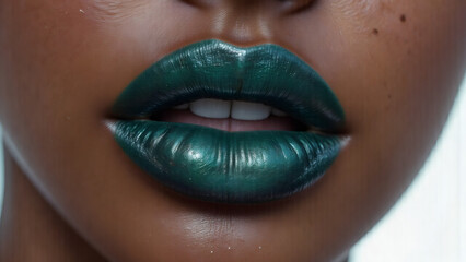 Fototapeta premium Close-up of dark skin woman's lips with glossy emerald green lipstick. Beauty shot of plump lips with emerald lipstick on a woman of color.