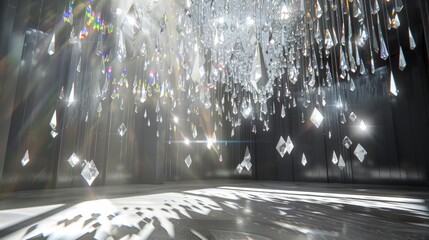 A prismlike chandelier refracting light in a stunning display
