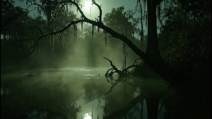 A spooky and atmospheric cinematic shot of a misty swamp at night by the light of the moon. - Powered by Adobe