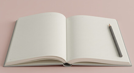 Fototapeta premium Open journal with lined pages and a pencil rests on a soft pink surface, inviting ideas.