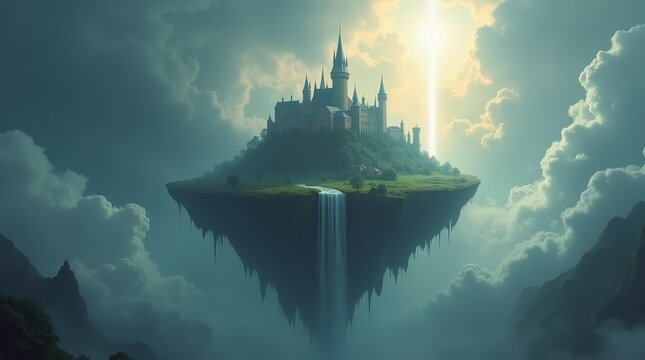 Horizontal epic fantasy scene with floating fortress in stormy sky, 16:9 layout for cinematic or mythical use