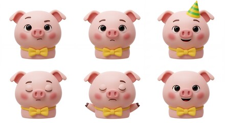 Fototapeta premium Six cute pig figurines set against white background