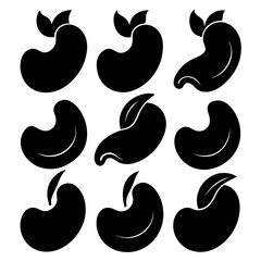 Collection of nine black cashew nut icons with leaves on a white background