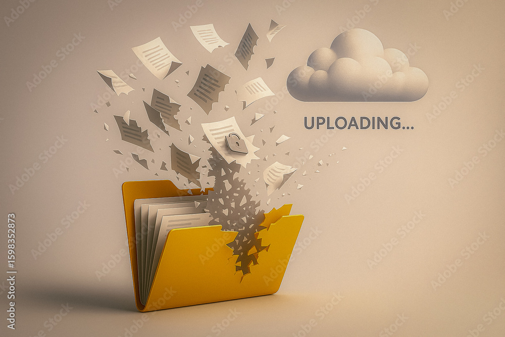 Poster data transfer: digital documents and data upload into cloud, symbolizing the transfer of information