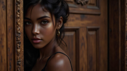 Fototapeta premium Portrait of a Beautiful Dark-Skinned Woman with Elegant Gold Earrings and Glowing Skin, Natural Beauty Concept