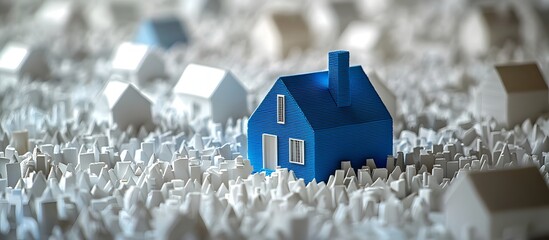 Tiny Blue House Among White Homes in Scaled Model for Real Estate Concept