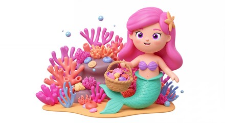 Obraz premium Smiling cartoon mermaid holding basket of sea creatures in coral reef