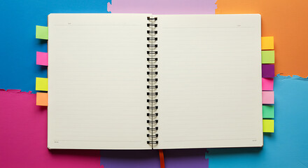 Open notebook with blank pages and colorful sticky notes, perfect for organizing thoughts and ideas.